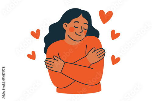 Love yourself vector concept. Woman hugging herself with hearts. Self-care, acceptance and body positivity. Mental health and emotional wellbeing. Happy person character.