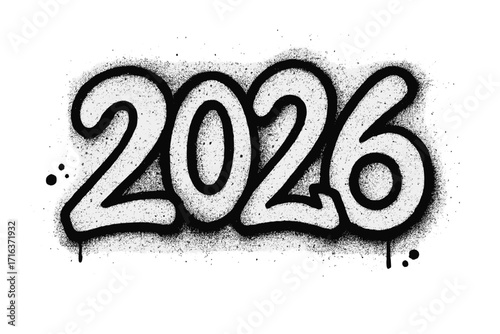 Happy New Year 2026 graffiti text. Number 2026 in urban street art style. Spray paint stencil font for holiday celebration. Grungy aerosol vector art illustration.