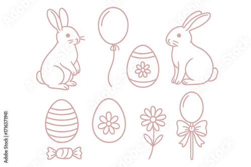 Happy Easter vector line art set. Cute coquette pink aesthetic collection. Bunny, rabbit, decorated eggs, candy, flower icon. Vintage minimal outline design illustration.