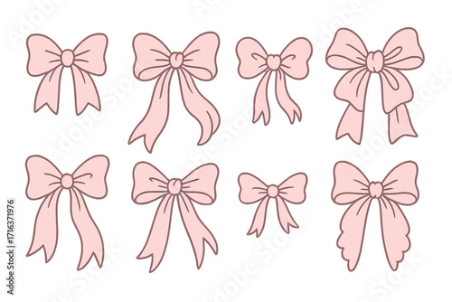 Coquette aesthetic pink girly vintage bows set. Linear bow for hair decor collection. Cute romantic ribbons and trendy girl accessories for hairstyle. Knot gift decoration.
