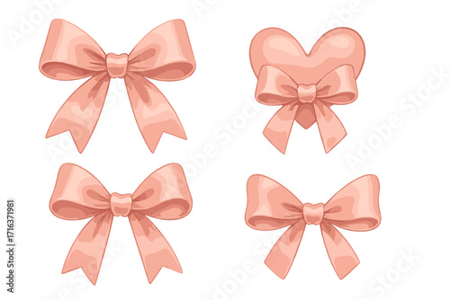 Pink romantic satin bows set for gifts and presents. Vintage silk ribbon knots and wrap pack for Valentine's day or wedding celebration. Vector heart design element.