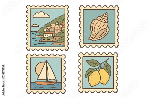 Post marks set for Summer in Italy. Hand drawn vector postage stamps of Amalfi coast, seashell, yacht, and lemons. Travel and vacation concept for vintage postcard design.