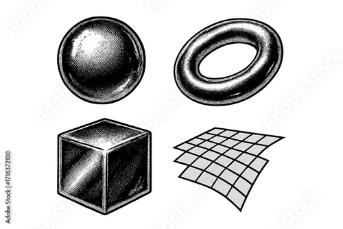 Retrofuturistic 3D geometric shapes in halftone dotted style with glossy chrome effect, sphere, ring, cube, and Y2K grid elements, futuristic tech design concept