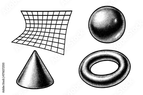 Retro futuristic 3D halftone geometric shapes set, chrome sphere, glossy cone, shiny ring, Y2K style grid elements, modern tech abstract design, metallic effect composition