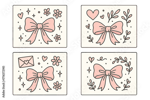Set of romantic doodle greeting cards with pink ribbon bows, hearts, flowers, decorative leaves, and vintage feminine Valentine holiday designs, coquette style invitations