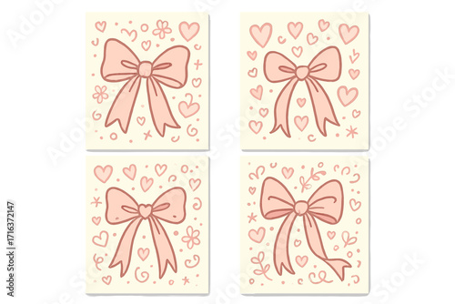 Set of feminine ribbon bows with romantic hand-drawn doodles and hearts, girly vintage style greeting cards, Valentine’s Day holiday decorations, love knots illustration collection