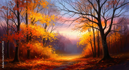 Painted Autumn Landscape with Vibrant Orange and Yellow Trees Creating a Colorful and Artistic Scene in a Peaceful Forest Setting