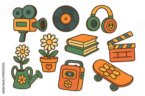 Groovy retro hobby objects collection, hippie vintage 80s 90s nostalgia stickers, classic cinema camera, vinyl record, headphones peace sign, books, gardening, skateboard flower design
