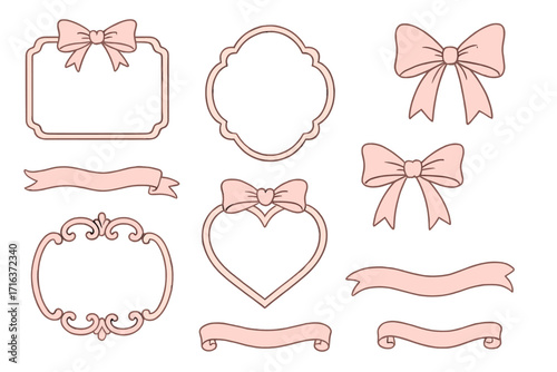 Set of pink coquette frames, ribbons, and bows for romantic invitation cards, posters, social media design, hand-drawn contour vector illustration with decorative heart details