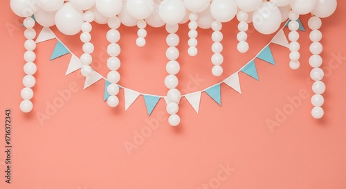 White balloon garland with bunting flags Festive party decor Pastel background studio shot