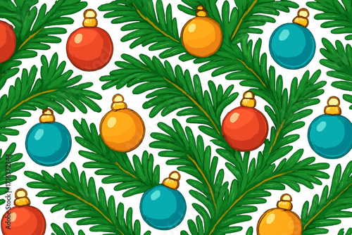 Seamless Christmas tree branches pattern with colorful festive glass balls, holiday decoration, close-up flat vector illustration, pine green needles, winter celebration design