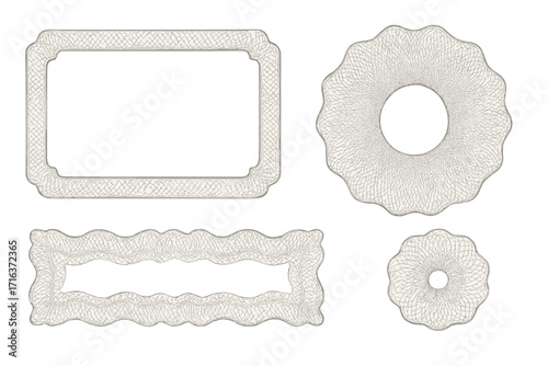 Set of intricate guilloche watermarks and decorative borders for banknotes, diplomas, certificates, currency, vouchers, money design, security patterns, fine abstract lines