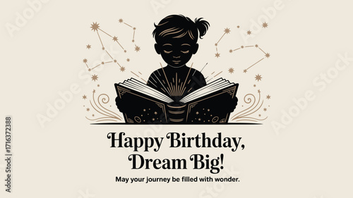 Inspiring child reading magical book under constellations, celebrating dreams and imagination on birthday