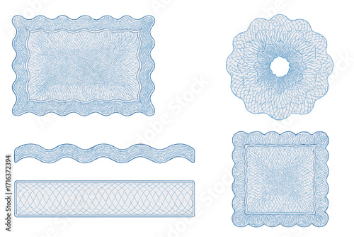 Set of intricate guilloche watermarks and decorative borders for banknotes, diplomas, certificates, currency, vouchers, and money designs, ornamental security patterns