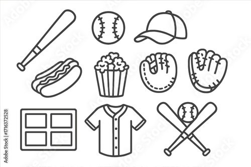 Baseball sports icon set in thin line art style. Vector collection of game equipment: bat, ball, glove, cap, and jersey. Gameday snacks: hot dog and popcorn illustration.