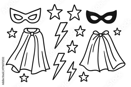 Superhero doodle set. Hand-drawn hero costume elements collection. Black and white line art vector illustration of masks, capes, stars, and lightning bolts for kids.