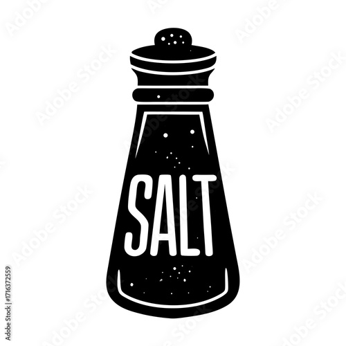 Black silhouette salt shaker with white lettering black and white