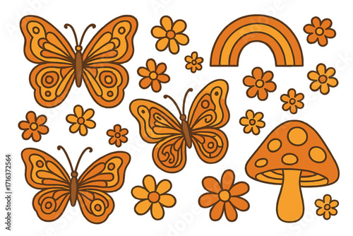 Retro groovy 70s butterfly sticker set with flowers, rainbow, mushroom. Hippie 60s vintage summer print collection. Nostalgic flower power graphic elements for design.