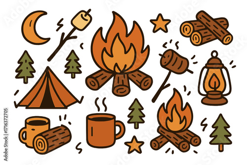 Camping doodle set with bonfire elements. Hand drawn campfire, tent, marshmallow roast, lantern, and forest icons. Cozy autumn outdoor adventure vector collection.