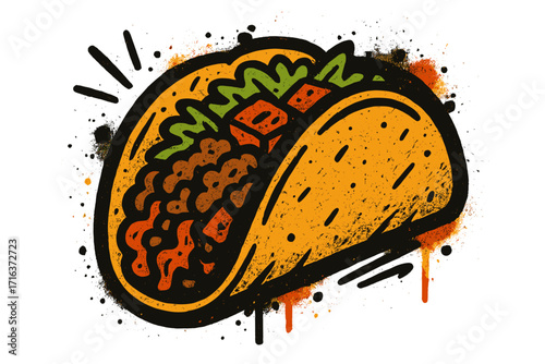 Vintage Mexican food poster element with taco in urban graffiti style, textured vector illustration, colorful cartoon taco cartoon, street art design, isolated transparent background