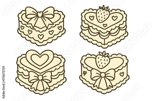 Vintage heart-shaped cakes set with coquette bows, hearts, and strawberries, retro hand-drawn outline doodle sweets, vector cartoon illustration with elegant dessert designs
