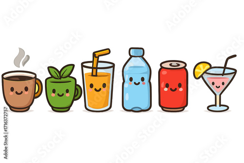 Cute beverage icons collection with coffee, tea, juice, water, soda, and cocktail characters. Kawaii cartoon mascot vector illustration set for cafe menu or drink design.