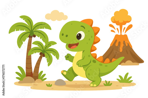 Cute baby dinosaur in a prehistoric jurassic landscape. Happy cartoon dino character walking near a volcano and palm trees. Vector illustration for kids. Funny reptile mascot.