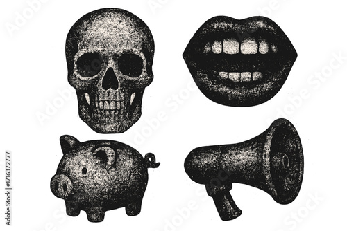 Vintage dotted texture effect elements set, retro skull, open mouth, piggy bank, loudspeaker with grunge messy texture, Y2K aesthetic vector illustration, distressed design
