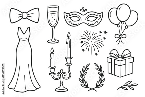 Elegant gala elements icon set. Hand drawn symbols for formal events and celebrations. Vector line art illustration for party, prom, wedding, or new year. Dress, mask, gift.