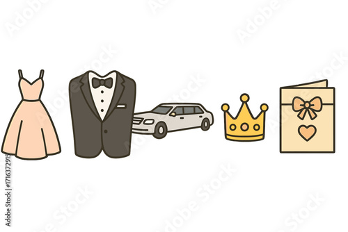 Elegant prom night formal dance icon set. Vector cartoon symbols of a party dress, tuxedo suit, limousine, royal crown, and love letter invitation for a gala or homecoming.