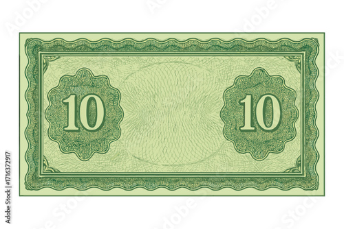 Detailed voucher template with guilloche pattern and security watermarks, 10 dollars banknote design, green background currency, gift voucher, coupon, money illustration, cheque style
