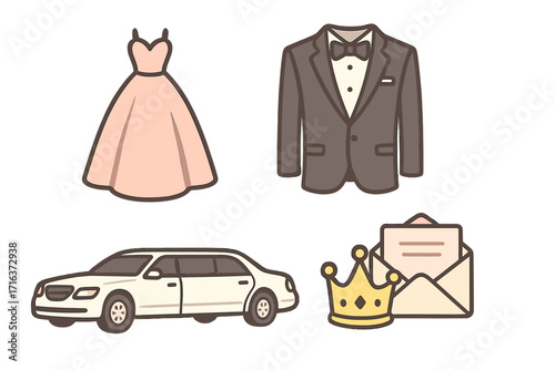 Elegant prom night icons set with dress, tuxedo, limousine, crown, and invitation. Formal dance, gala, and wedding symbols. Vector cartoon illustration for celebration design.