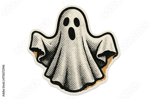 Vintage Halloween ghost illustration with white sheet, halftone dots, mixed media collage, 90s zine style paper sticker, cartoon vector art, spooky retro design