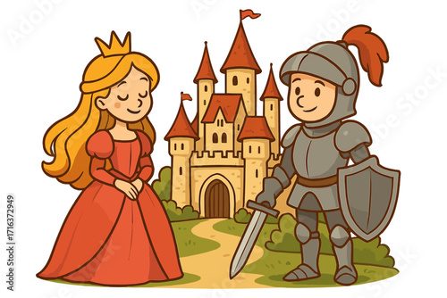 Fairytale kingdom with princess and knight at a magical castle. Cute cartoon vector illustration. Medieval fantasy characters, royal romance, chivalry, and love story.