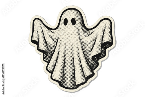 Vintage dotted halftone Halloween ghost illustration, white sheet spooky cartoon, 90s zine style mixed media vector, paper collage sticker art