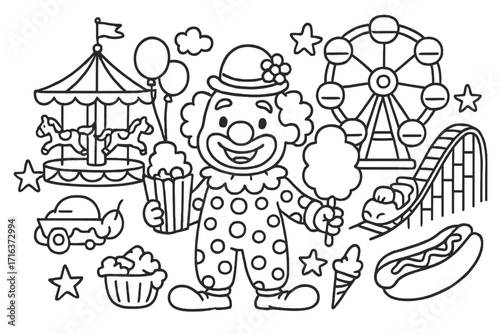 Carnival amusement park icon set. Fun clown, circus rides, food. Hand drawn outline vector. Ferris wheel, roller coaster, carousel cartoon illustration for coloring page.