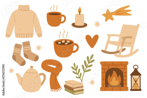 Winter hygge clipart set cozy warm hand-drawn illustrations for stickers, logos, cards, posters, wrapping, scrapbooking, patterns, cute home elements, hot drinks, fireplace decor