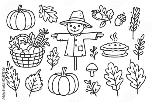 Hand drawn autumn doodle set. Harvest festival and Thanksgiving elements. Vector cartoon illustration with scarecrow, leaves, pumpkins, cornucopia basket, and apple pie icons.