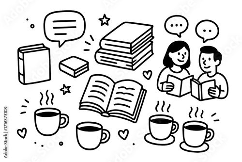 Book club hand drawn doodle set. Vector illustration of people reading, book stacks, coffee cups. Concept of literature, education, library, study group, learning, discussion.