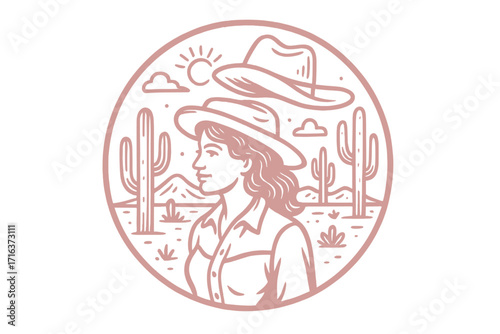 Vintage cowgirl emblem with desert cactus landscape and cowboy hats, pink retro wild west design, western woman portrait illustration, Let's Go Girl text, round badge concept