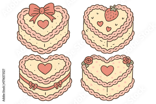 Vintage coquette heart-shaped cakes set in flat doodle style, hand-drawn vector illustration of romantic bakery desserts, Valentine’s day sweets with bows, strawberries, roses, and hearts