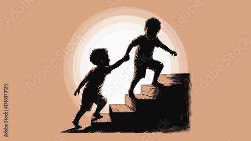 Kind child helps friend ascend stairs towards bright future, symbolizing teamwork and growth
