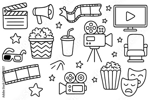 Hand drawn cinema elements collection. Movie and film production icons in doodle style. Vector cartoon illustration set with camera, popcorn, clapperboard, filmstrip, 3d glasses.