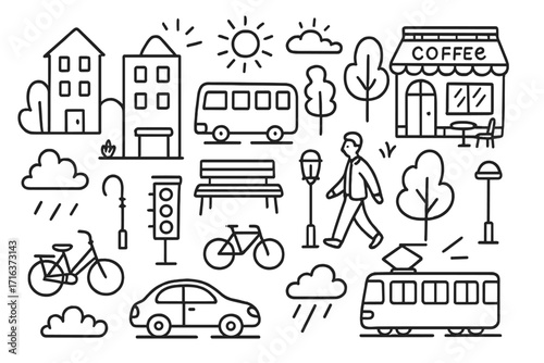Hand drawn city life elements icon set. Urban street scene with coffee shop, transport, and buildings. Vector cartoon doodle outline illustration of a car, bus, tram, bicycle.