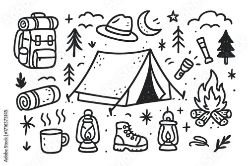 Hand drawn camping adventure doodle icon set. Outdoor travel elements collection with tent, campfire, backpack, and lantern. Vector cartoon illustration for hiking trips.
