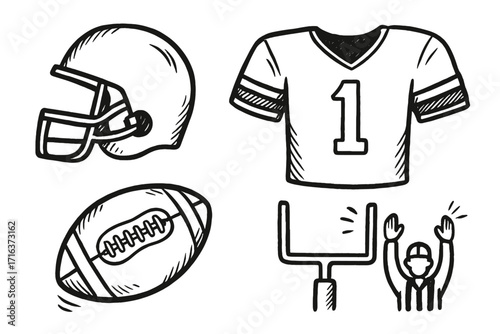 American football doodle set. Hand drawn vector cartoon sketch icons. Game elements collection including helmet, jersey, ball, goalpost, and referee touchdown signal.