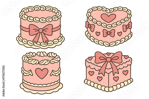 Coquette cakes set. Vintage cake collection with retro cream decor, bows, hearts. Valentine's day pink coquettish clipart. Sweet girly dessert for bakery celebration.