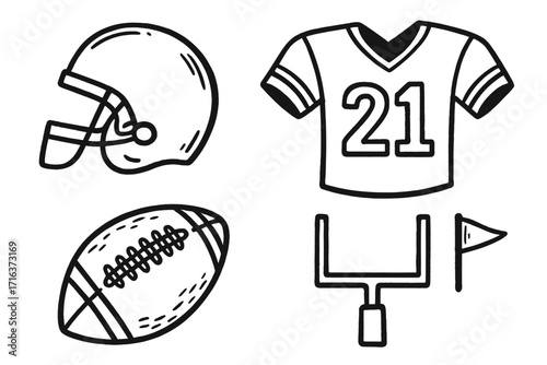 American football hand drawn icon set. Vector cartoon illustration collection with helmet, jersey, ball, and goal post. Sport game doodle sketch elements for design.