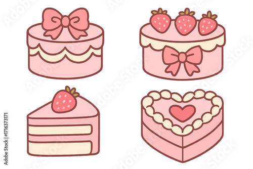 Coquette cakes set with bows and strawberries. Heart shaped dessert in retro 90s Y2K style. Trendy vintage pink girly aesthetic vector illustration for Valentines day.