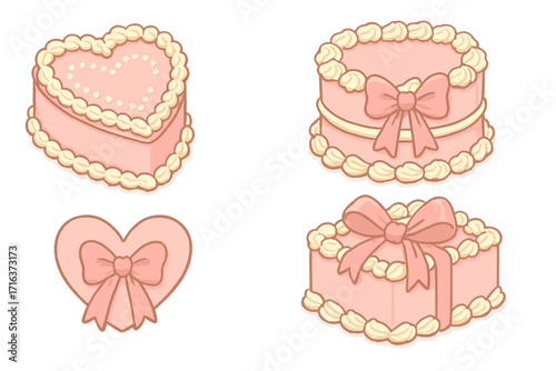 Coquette cakes set in vintage pink style. Heart-shaped cake collection with cream decorations and bows. Girly aesthetic clipart for birthdays, Valentine's day, or bakery.